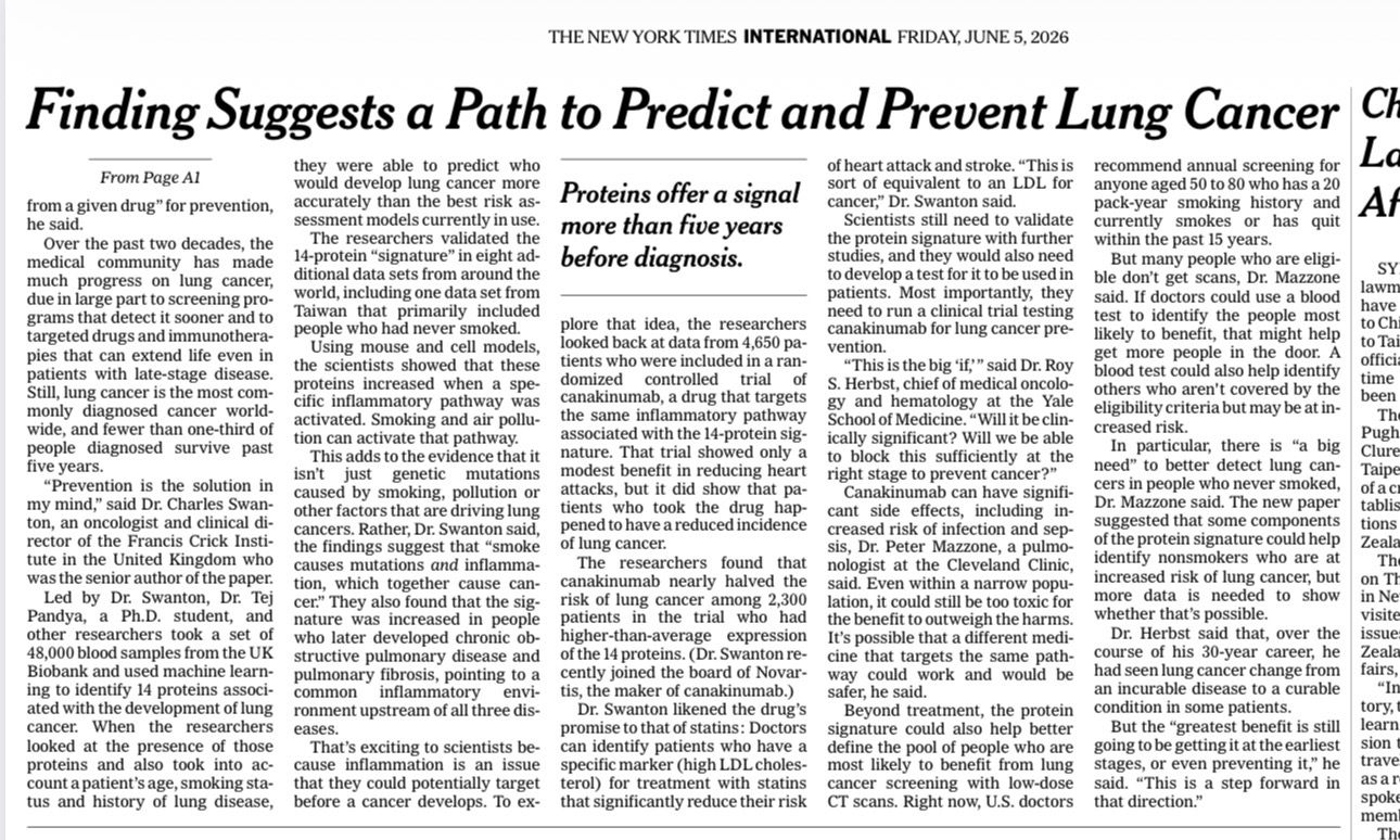 New York Times feature article on predicting and preventing lung cancer through protein biomarker research