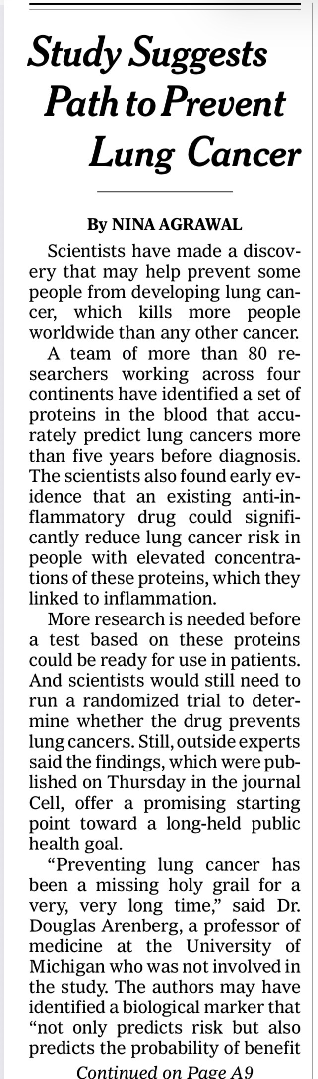 New York Times article discussing lung cancer prevention research and biomarker discovery